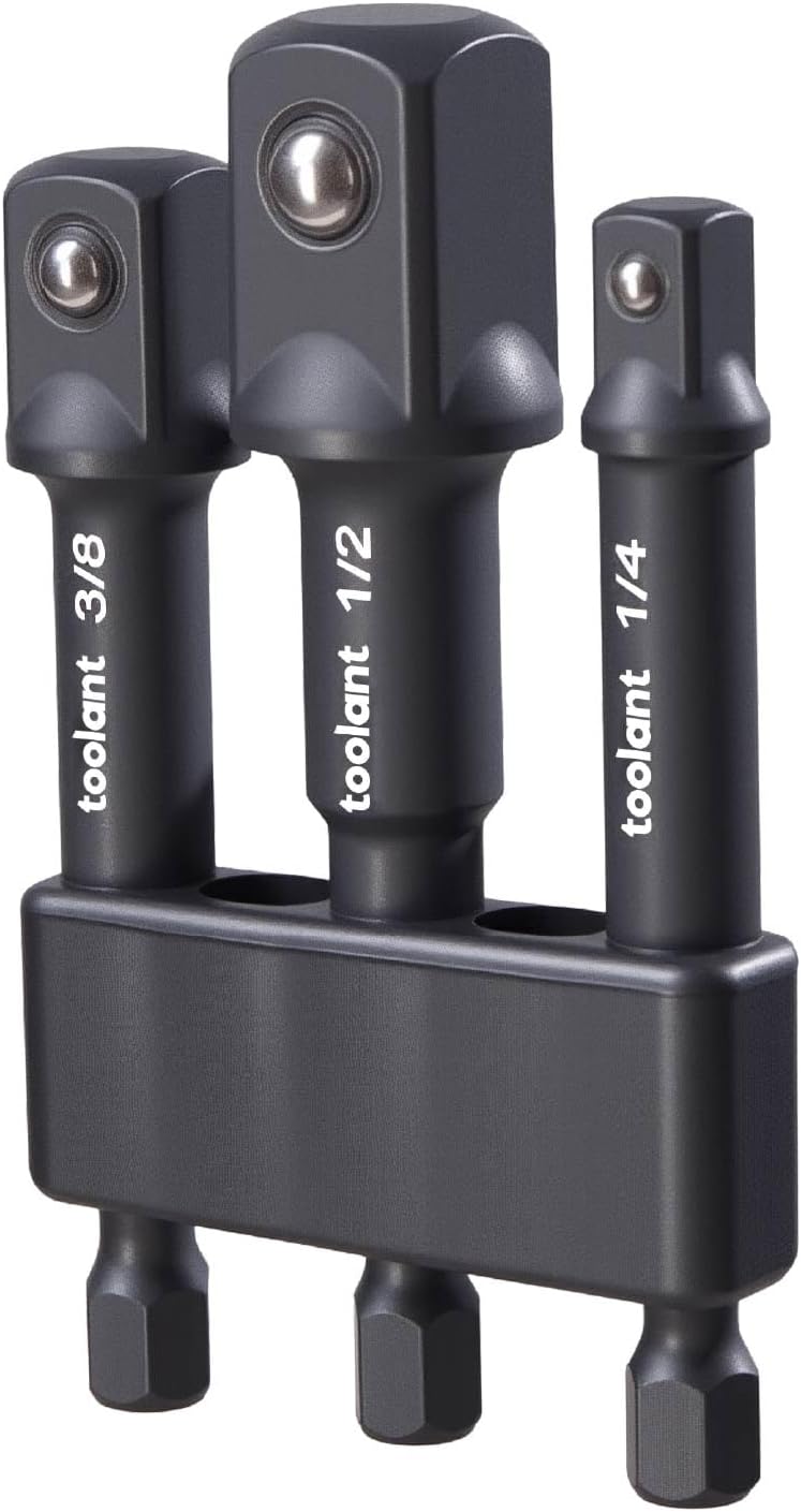 toolant Impact Socket Adapter Set, 3 pcs, 1/4", 3/8", 1/2" Drive, Hex Shank Drill Bit Adapter with Holder, Compatible with Power Drill & Impact Driver - Image 1